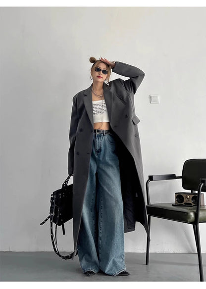 Lautaro Spring Autumn Long Grey Black Trench Coat for Women Double Breasted Loose Casual Korean Fashion Clothing Blazer 2025