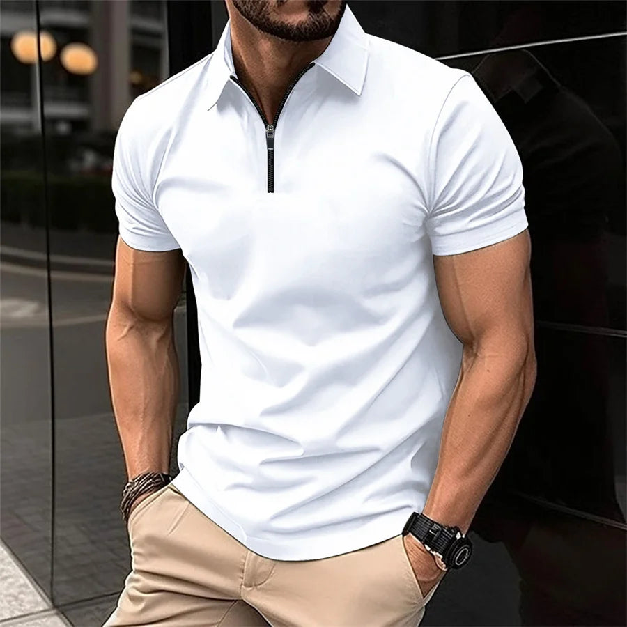 Summer Tiki Men's Business Casual Simple Solid Color Durable Office Small Zipper Lapel Short Sleeve Trend Men's POLO Shirt