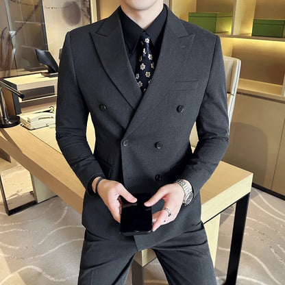 British Style Double Breasted Design Men's Suit Formal Business Slim Fit Casual Suits Sets Men Wedding Party Tuxedo 3 Pieces Set