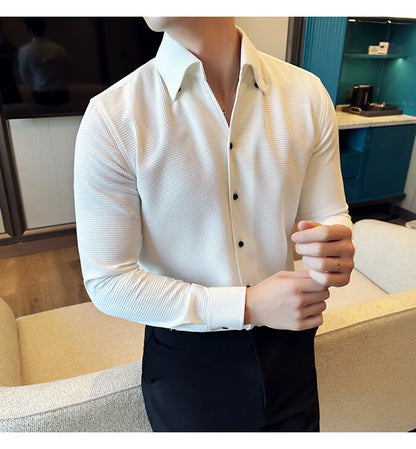 Autumn Solid Color Waffle Shirt Men Slim Fit V Neck Long Sleeve Casual Business Formal Dress Shirts Social Party Streetwear 4XL