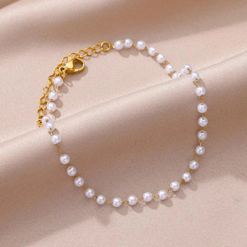 Anklets for Women Summer Beach Accessories Stainless Steel Imitation Pearl Chain Anklet Gold Color Leg Bracelets Bodychain Gifts