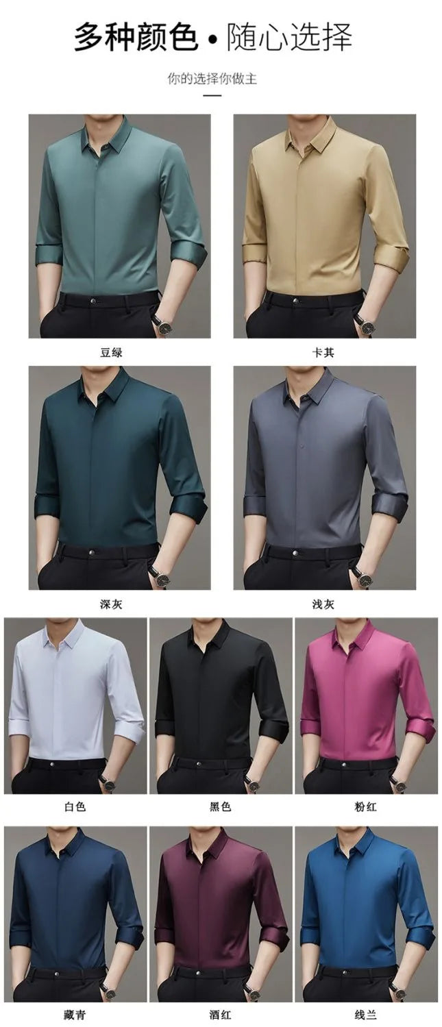 High end Mulberry Silk Shirts Business Men Non Iron Button Invisible Elastic Tops Luxurious Male Long Sleeve Quality Dress Shirt