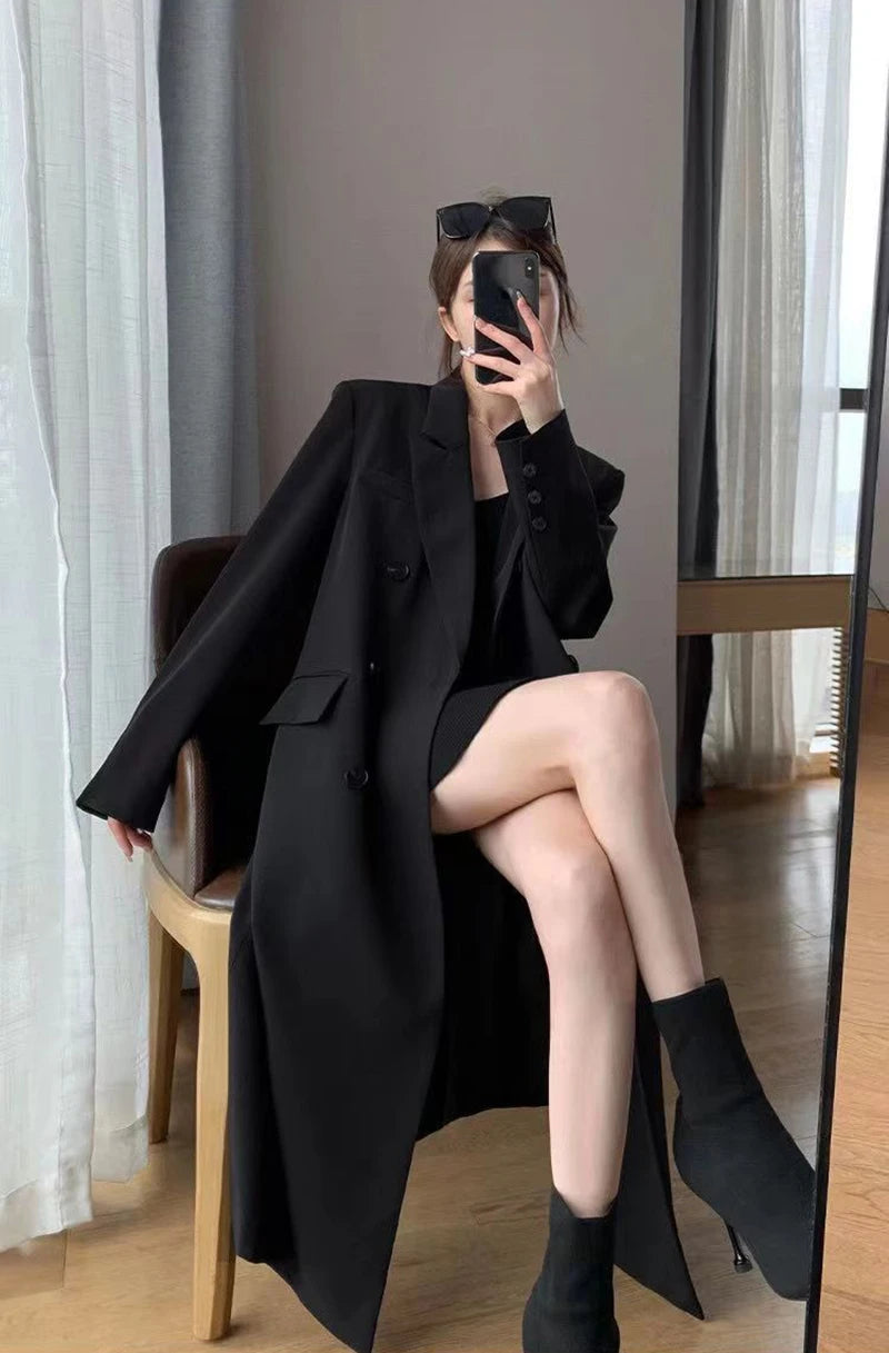 Long Trench Coat Women Office Lady Elegant Double Breasted Blazer Jacket Streetwear Overcoats Korean Harajuku Casual Windbreaker