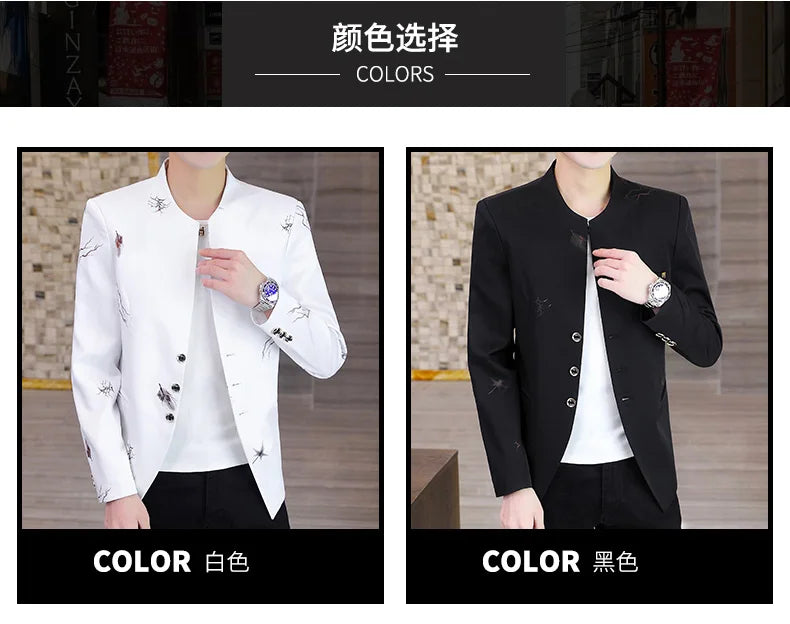 Men's Printed Small Suit Male Korean Version of The Self-cultivation Stand-up Collar Chinese Tunic Casual Suit Thin Jacket Youth