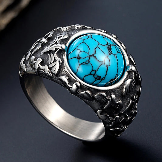 Vintage Stainless Steel Silver Color Ring Natural Turquoise Rings Luxury Jewelry Party Anniversary Birthday Gift for Women Man