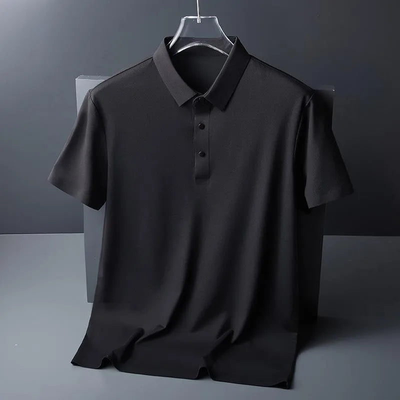 Golf Solid Ice Silk Traceless Silk Loose Polo Shirt Short Sleeve T-shirt Men's Elastic Ironless Thin Polo Neck Light Luxury