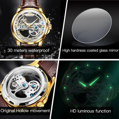 OLEVS Luxury Men Watches Automatic Mechanical Wristwatch Skeleton Design Waterproof Leather Strap Male Watch Reloj Hombre