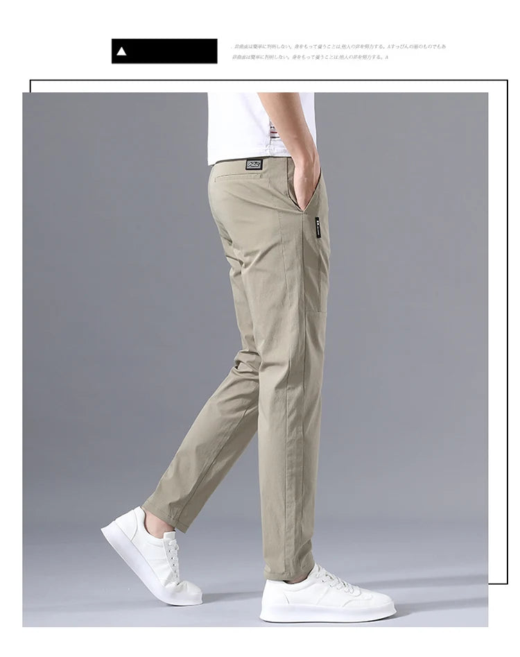 2025 Men's Casual Pants Slim Fit Stretch Classic Chino Trouser Male Stretch Elastic Korean Summer Dress Ice Light Thin Business