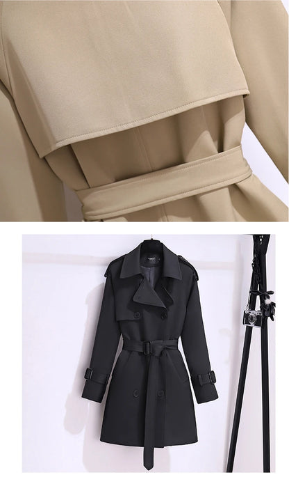 Women British Style Windbreaker Streetwear Double Breasted Trench Coats Elegant Autumn Winter Khaki Or Black Jackets