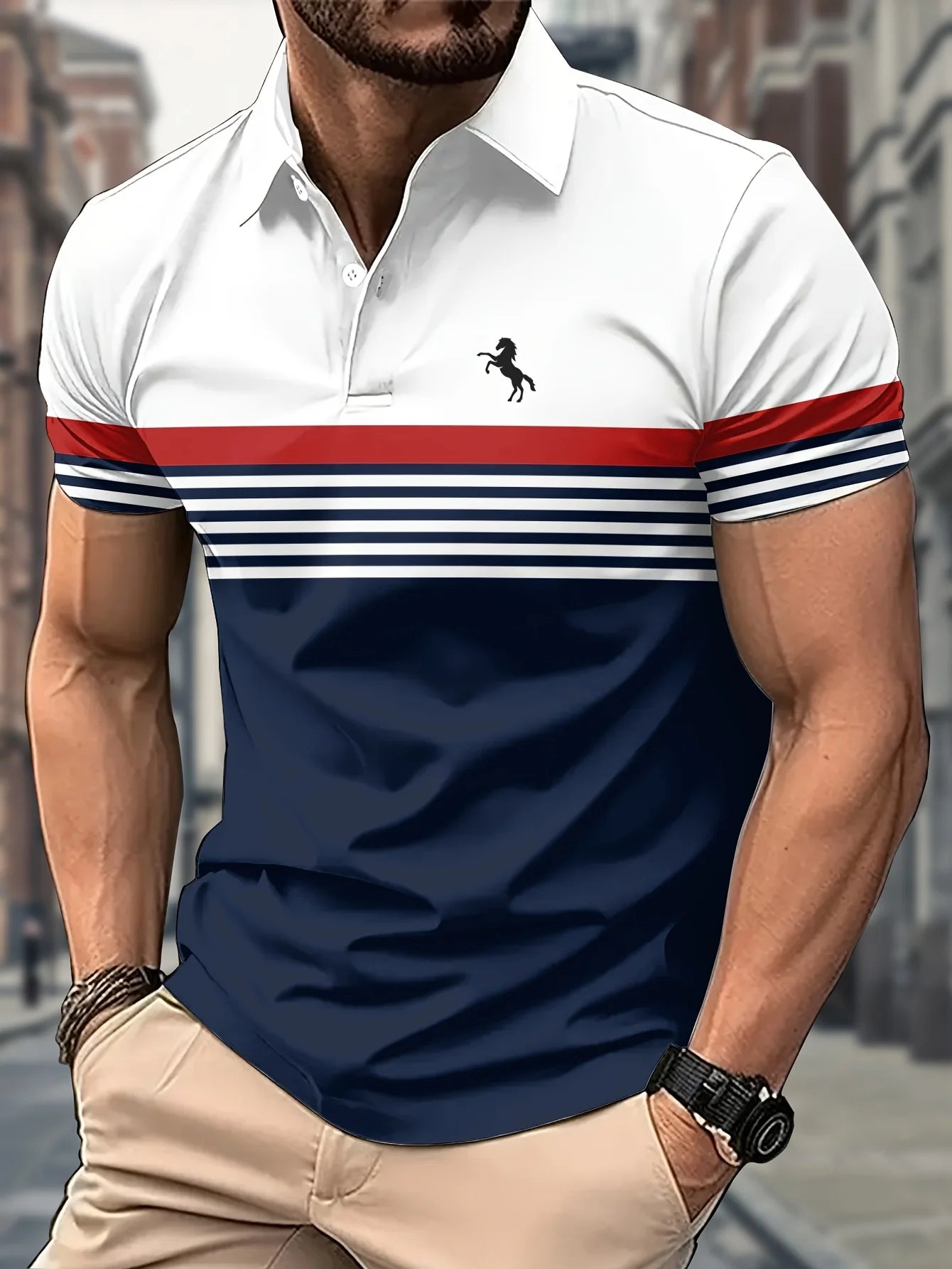 2025 Fashion Men'S Casual Striped Polo Shirt, 100% Polyester Fabric, Regular Fit with Slight Stretch, Button Collar, 180gsm