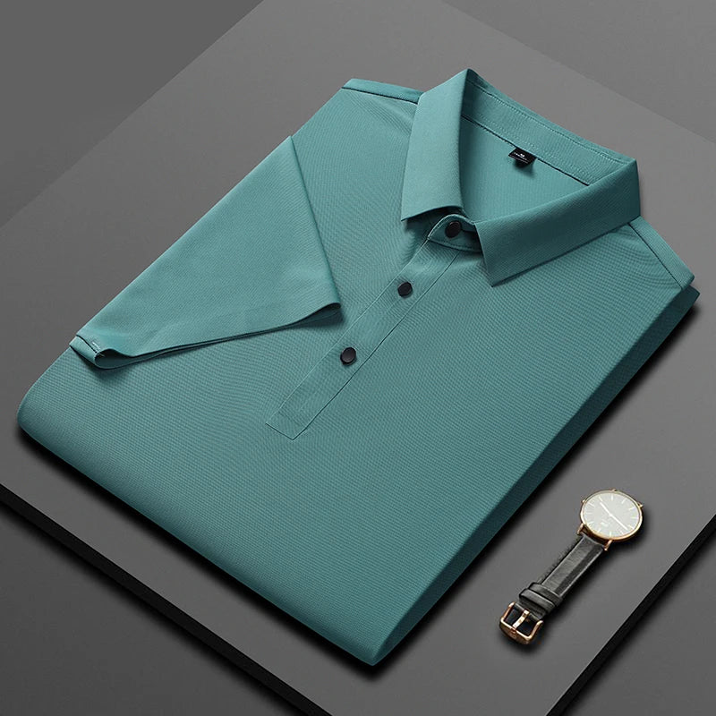 Golf Solid Ice Silk Traceless Silk Loose Polo Shirt Short Sleeve T-shirt Men's Elastic Ironless Thin Polo Neck Light Luxury