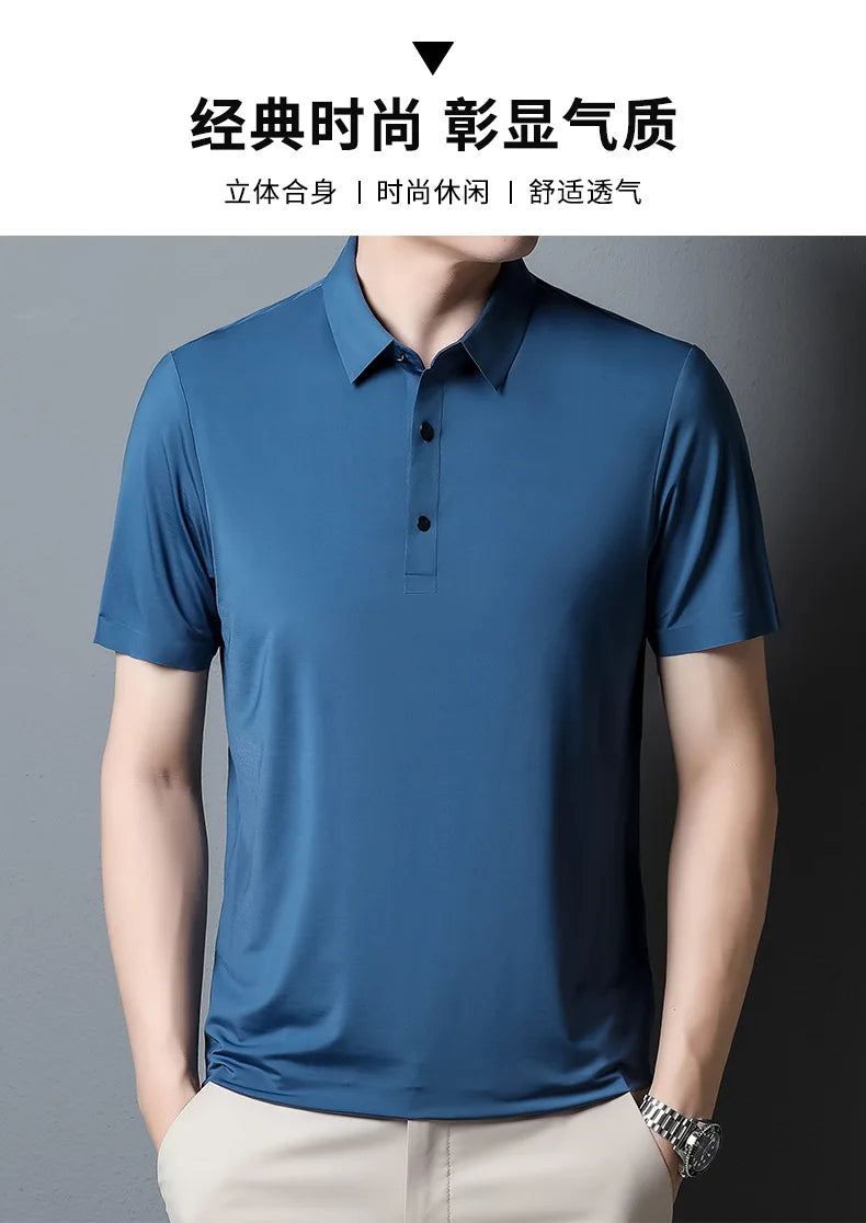 2023 Summer New Fashion Men's Solid Color Short-sleeved T-shirt Ice Silk Breathable Men's Business Casual Polo Shirt