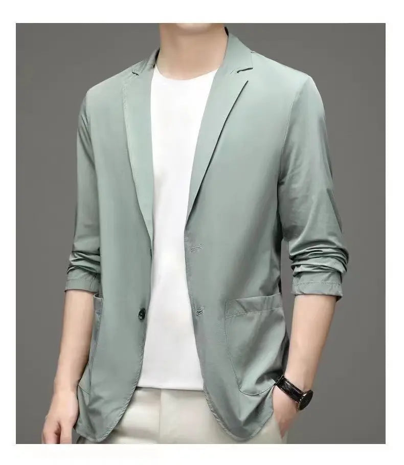 Spring Summer Men Ice Silk Thin Casual Sunscreen Blazer Fashion Casual Male Clothes Long Sleeve Big Size Slim Solid Blazers Coat