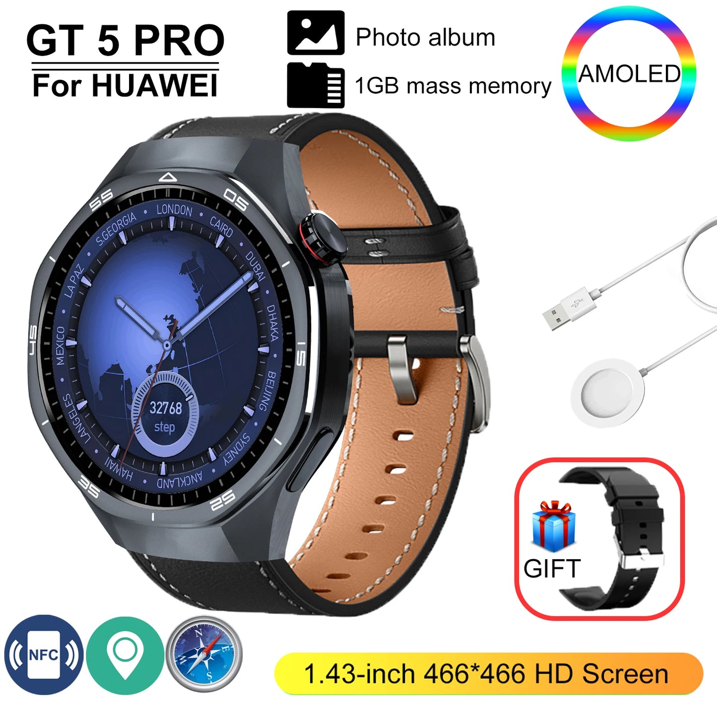 New GT 5 Pro Smart Watch Men Women 1GB Memory 466*466 HD Screen SmartWatch Heart rate Blood oxygen GPS tracker NFC Smartwatch