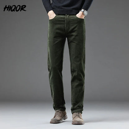 HIQOR Men's Corduroy Man Pants Winter Thick Warm Business Straight Casual Trousers Fashion Korean Fleece Green Baggy Pants Male