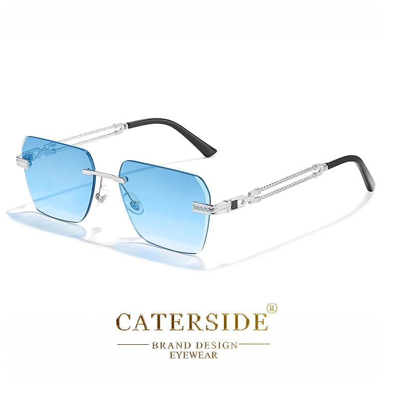 Caterside Rimless Pilot Sunglasses Men Square Metal Frame Women Glasses Travel Party Business UV400 Eyewear Choice for Gifts