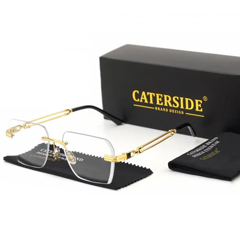 Caterside Rimless Pilot Sunglasses Men Square Metal Frame Women Glasses Travel Party Business UV400 Eyewear Choice for Gifts