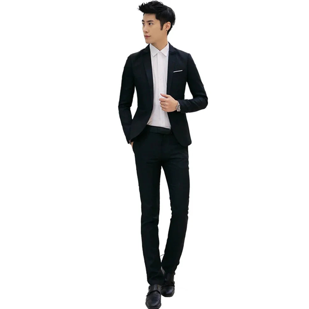 2pcs Coat Pants Men Suit Formal Blazer M~2XL Party Polyester Tuxedos Wedding Business Suit Coat + Pants Comfortable (no shoe)