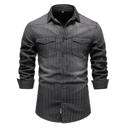 AIOPESON Cotton Men Denim Shirts Striped Stretch Long Sleeve High Quality Jeans Shirts for Men Casual Slim Cowboy Shirts Man