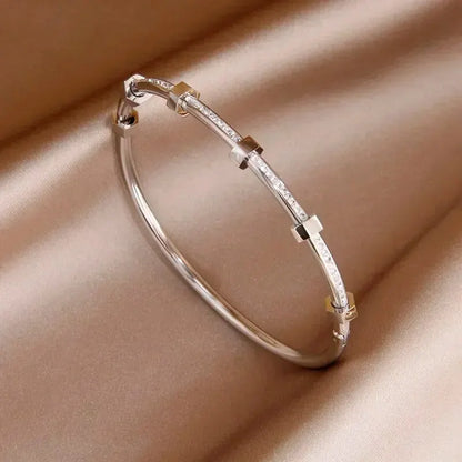 Trendy Round Cubic Zirconia Bangles For Women Men Gold Color Silver Color Stainless Steel Crystal Bangle Party Jewelry