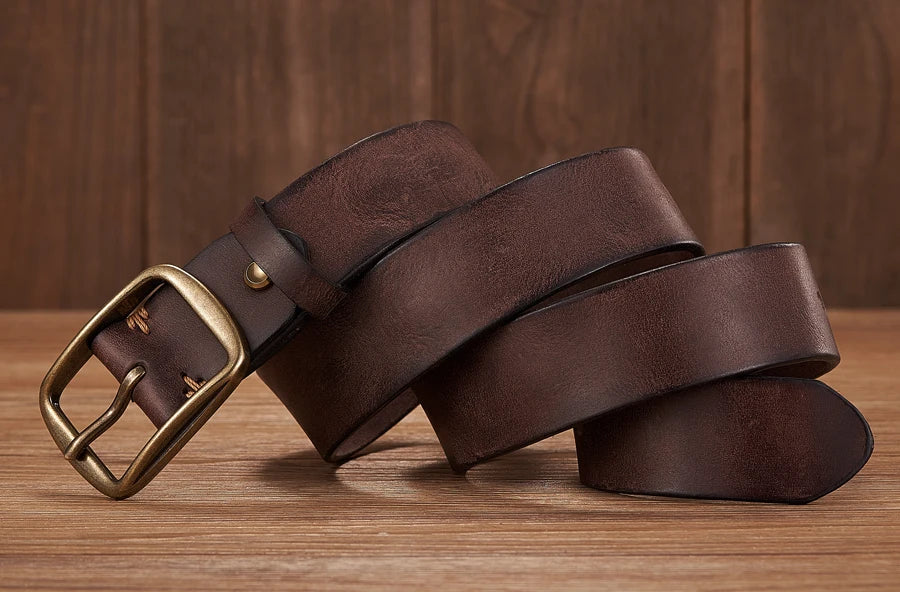 Thick Cowhide Copper Pin Buckle Real Genuine Leather Belt For Jeans Fashion Casual Belt Men Waistband Retro Luxury Male Strap