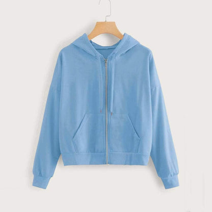 Chic Blue Cropped Hoodie for Women - Stylish Zip-Up Long Sleeve Pullover Sweatshirt