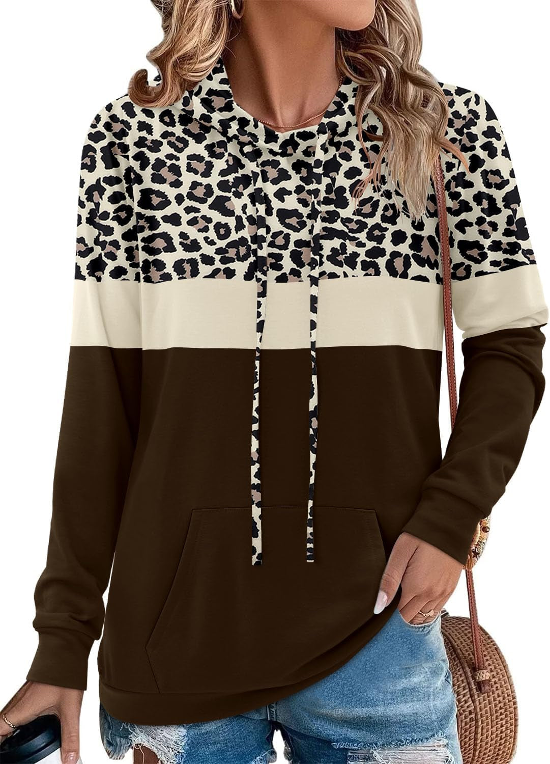 Chic  Camo Leopard Print Hoodies for Women - Stylish Pullover Sweatshirt with Drawstring and Pocket